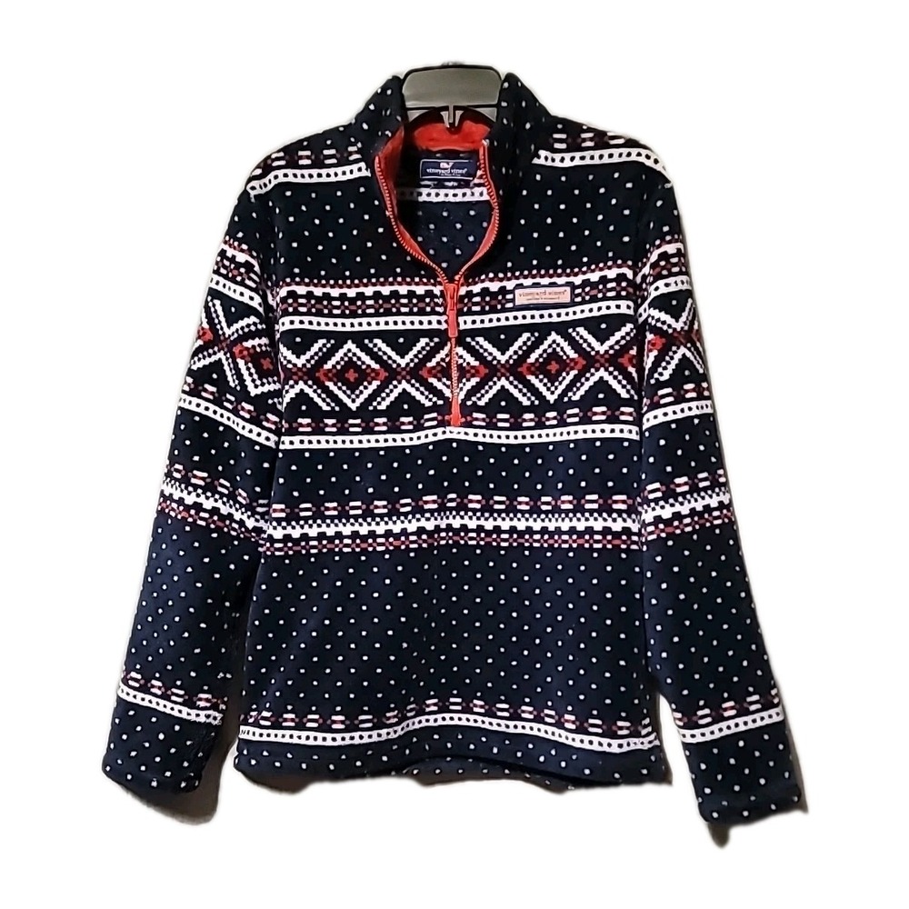 Vineyard‎ Vines Dockside Fleece 1/2 Zip Fair Isle Pullover Size Med Blue Red